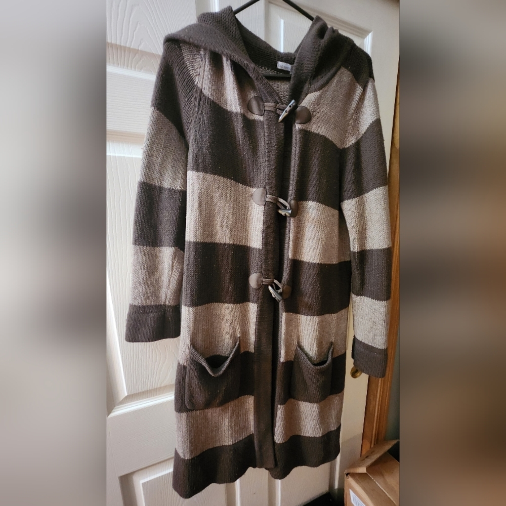 Old Navy Hooded Striped Duster Coat/Sweater in Brown and Tan - Picture 1 of 6
